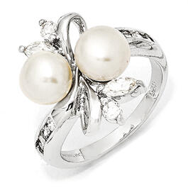 Sterling Silver Cultured Pearl & CZ Leaves Ring