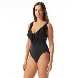 Womens CoCo Reef Fringe Solid Deep V-Neck One Piece Swimsuit