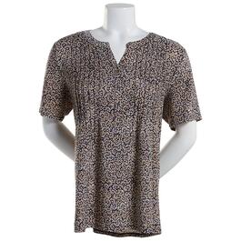 Petite Napa Valley Short Sleeve Floral Pleat Knit Henley Top
