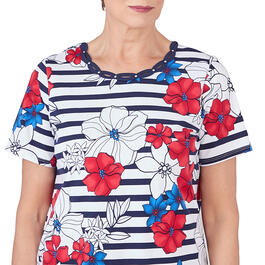 Womens Alfred Dunner Key Items Short Sleeve Floral & Stripe Tee