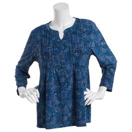 Petite Napa Valley 3/4 Sleeve Paisley Pleat Knit Henley - Blue