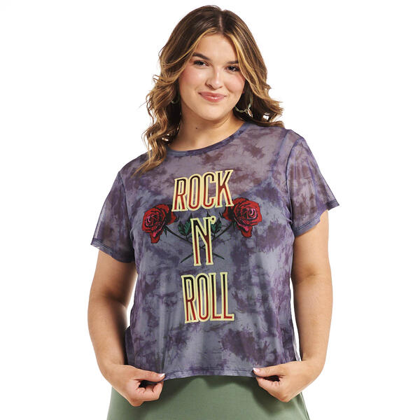 Juniors Plus No Comment Rock & Roses Mesh Graphic Baby Tee - image 