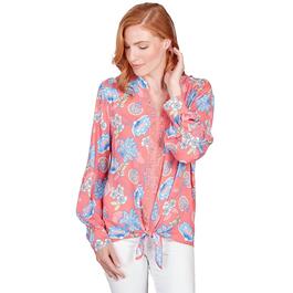 Womens Ruby Rd. Patio Party Long Sleeve Woven Jacobean Floral Top