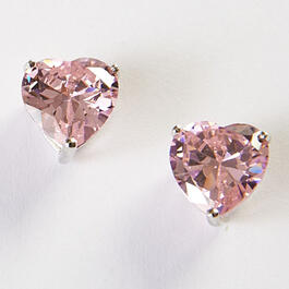Pink Heart Cubic Zirconia Post Earrings in Silver
