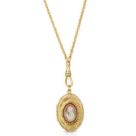 1928 Gold Tone Oval Carnelian Cameo Locket Necklace