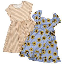 Girls &#40;7-12&#41; Emma & Elsa 2pk. Flower & Stripe Dresses w/ Pockets
