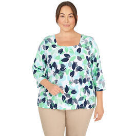 Plus Size Hearts of Palm 3/4 Sleeve Square Neck Citrus Tree Top