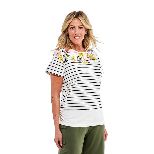 Petite Shenanigans Short Sleeve Placed Floral Stripe Crew Tee - image 