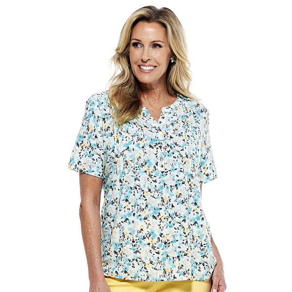 Plus Size Napa Valley Butterfly Floral Pleat Henley Top - Aqua - image 