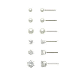Design Collection 6pr. Silver Pearl & Crystal Stud Earrings
