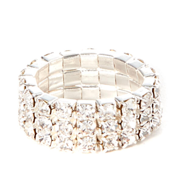 Roman 3-Row Silver & Crystal Stretch Ring - image 