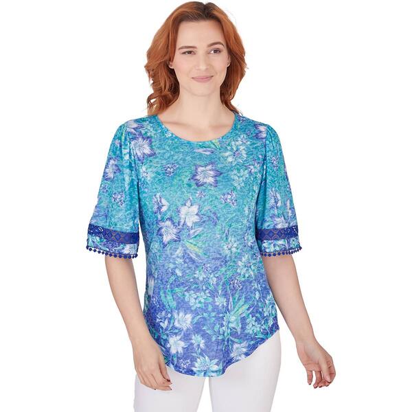 Womens Ruby Rd. Bali Blue Elbow Sleeve Ombre Floral Top - image 
