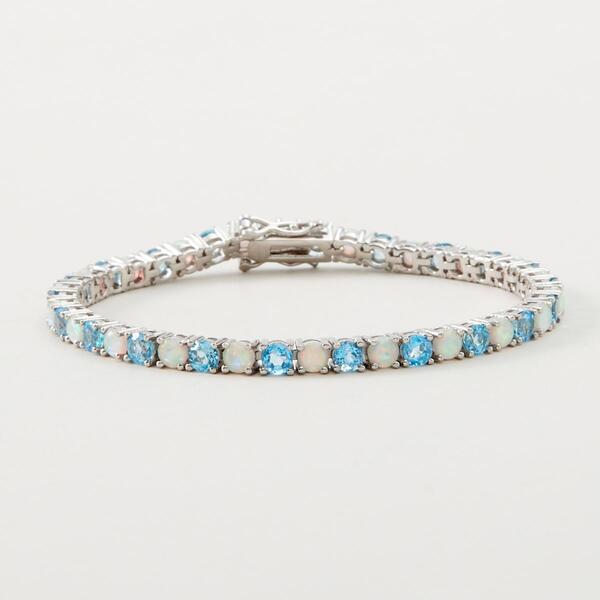 Sterling Silver White Opal & Blue Topaz Tennis Bracelet - image 