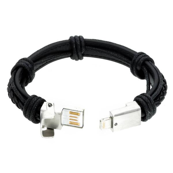 Mens Lynx Stainless Steel &amp; Black Leather USB Charger Bracelet