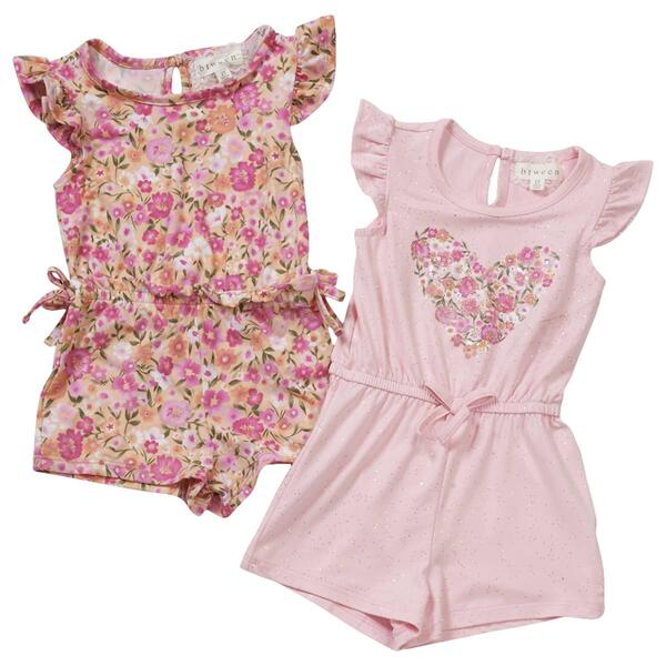 Toddler Girl BTween&#40;R&#41; 2pk. Heart/Floral Flutter Sleeve Rompers - image 