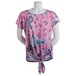 Womens OneWorld Cap Sleeve Print Tie Front Tee - Lilac