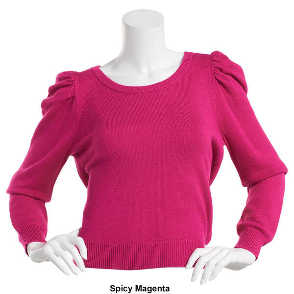 Juniors Pink Rose Puff Sleeve & Ribbed Hem Crew Neck Sweater