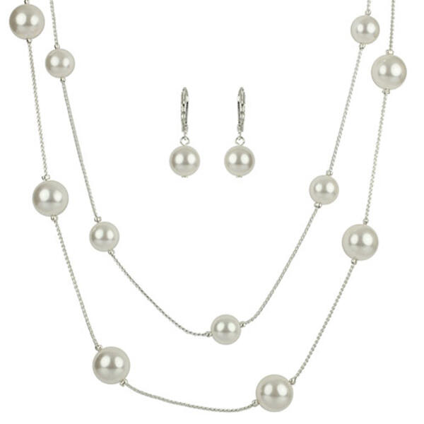 Simulated Cream Pearl Necklace & Earrings Set - image 