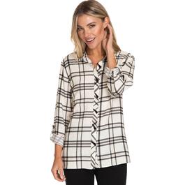 Womens Multiples Roll Tab Sleeve Plaid High Low Crinkle Blouse