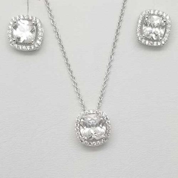 Silver Plated & Cubic Zirconia Halo Pendant Necklace Set - image 