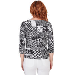 Petite Ruby Rd. Pattern Play 3/4 Sleeve Knit Patchwork Top