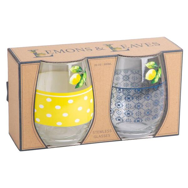 Home Essentials Set of 2 Lemons & Leaves Stemless Wine Glasses - image 