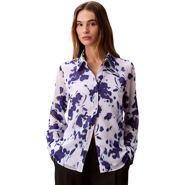 Womens Calvin Klein Long Sleeve Collared Button Front Blouse - image 