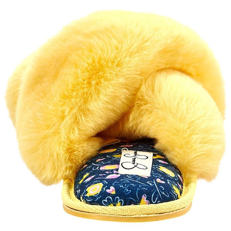 Womens Jessica Simpson High Plush Floral Slide Slippers - Yellow