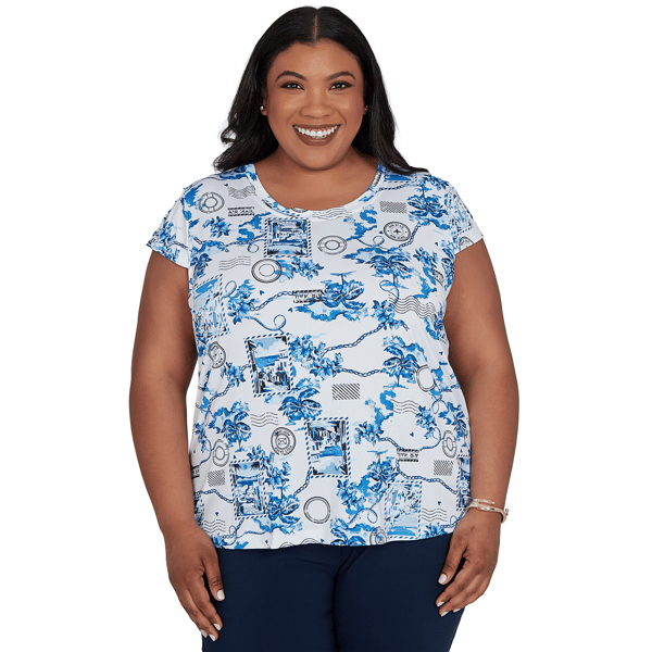 Plus Size Emaline Key Items Cap Sleeve Tropical Postcard Tee - image 