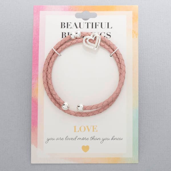 Pink Leather Coil Bracelet with Double Hearts - image 