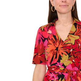 Petite MSK Short Sleeve Tropical Floral Collar A-Line Dress