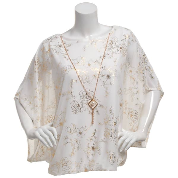 Womens Sara Michelle Dolman Sleeve Necklace Floral Blouse - image 