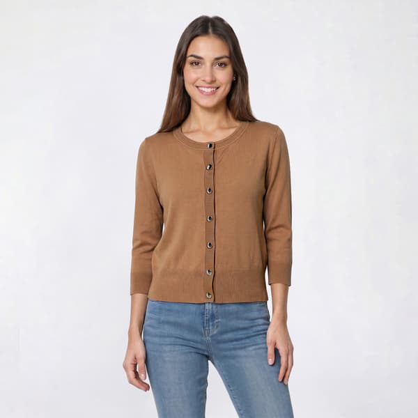 Womens Kasper 3/4 Sleeve Gold Button Rib Hem Cardigan