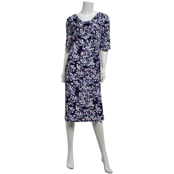Womens Connected Apparel Elbow Sleeve Floral Cowl Neck Midi Dress