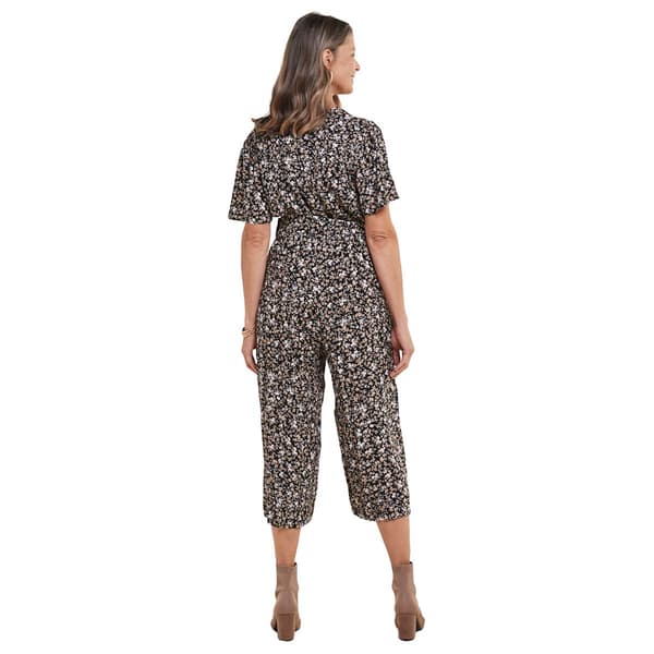 Womens Luxology Short Sleeve V-Neck Floral Belted Jumpsuit