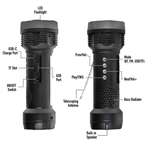 QFX Solar Flashlight w/ FM Radio External Speaker