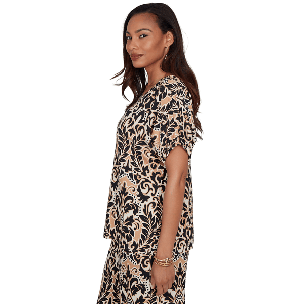 Womens Ruby Rd. Tropical Noir Puff Sleeve Damask Blouse