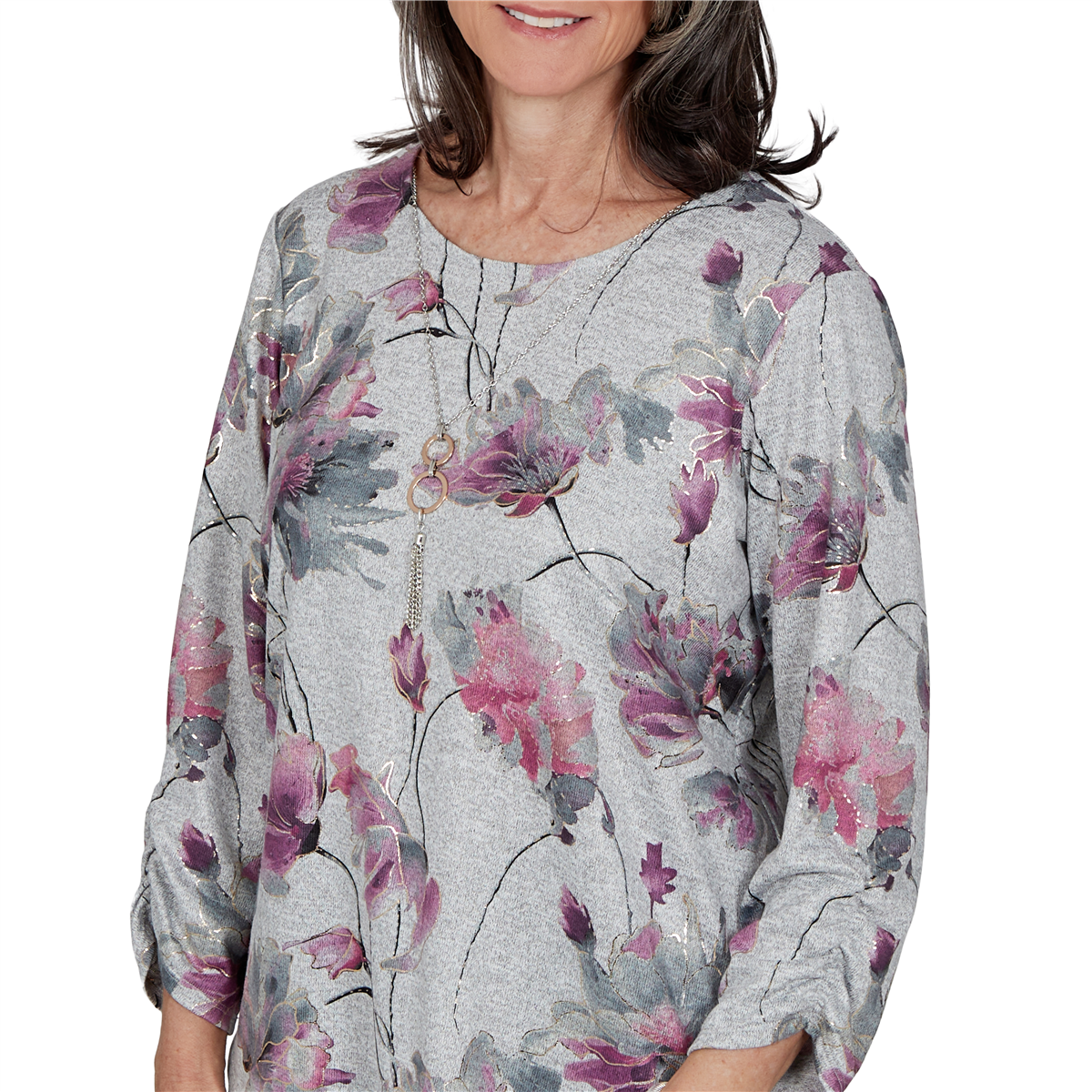 Womens Alfred Dunner Vail 3/4 Ruch Sleeves Floral Blouse