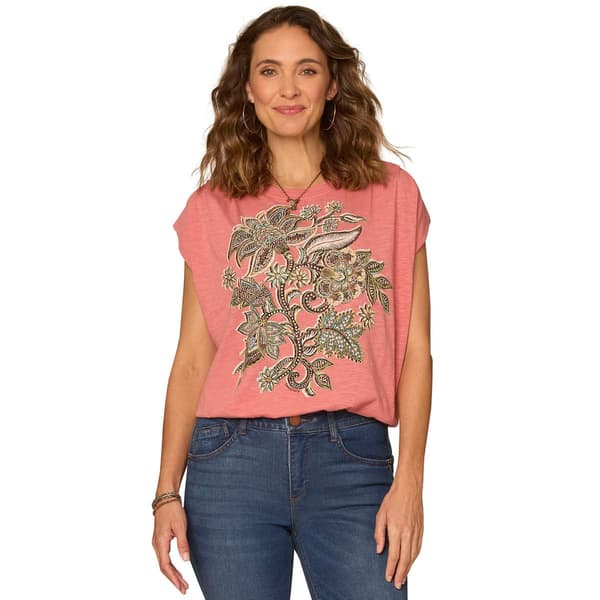 Plus Size Democracy Cap Sleeve Round Neck Floral Blouse