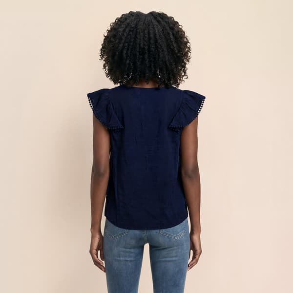 Womens Nanette Lepore Cap Sleeve Bobble Trim Button Front Blouse