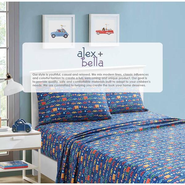 Alex &amp; Bella Busy Cars Blue Soft Microfiber Kids Sheet Set