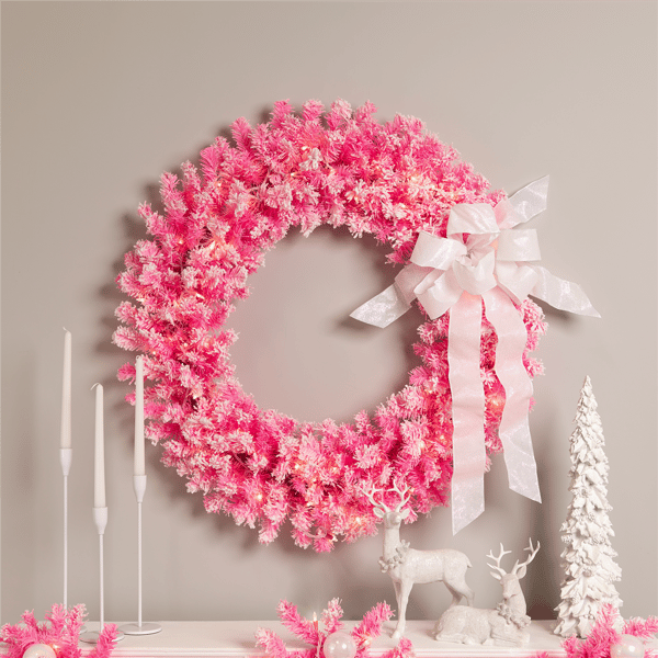 Northlight Pre-Lit Artificial Flocked Pink Pine Christmas Wreath - image 