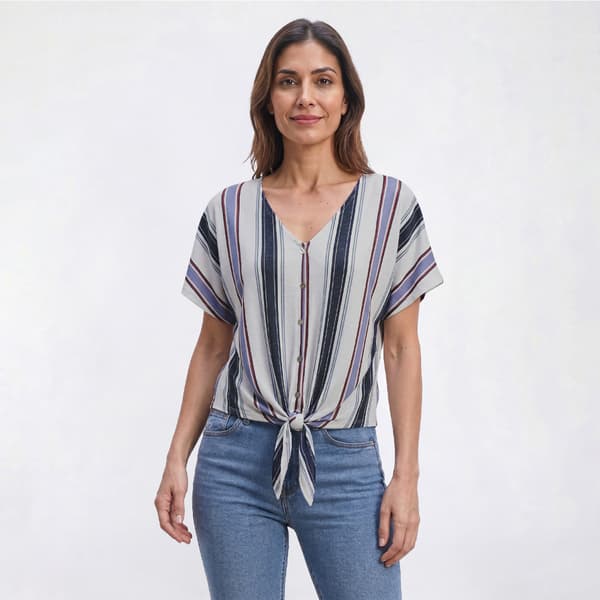 Womens Tru Self Dolman Sleeve Faux Button Tie Front Stripe Tee - image 