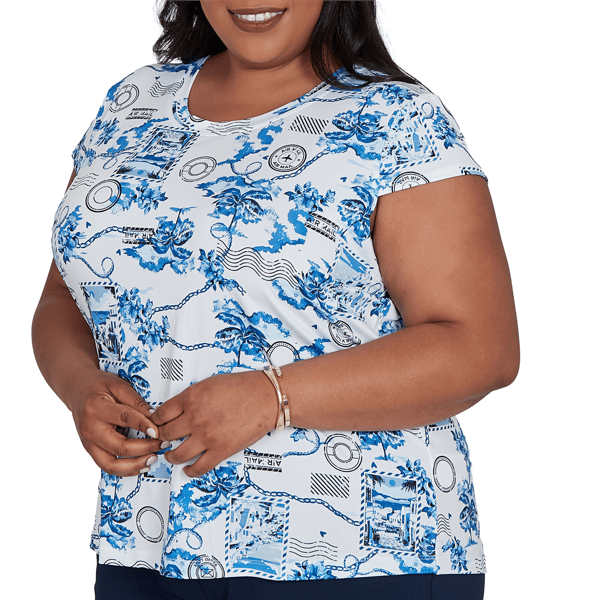 Plus Size Emaline Key Items Cap Sleeve Tropical Postcard Tee