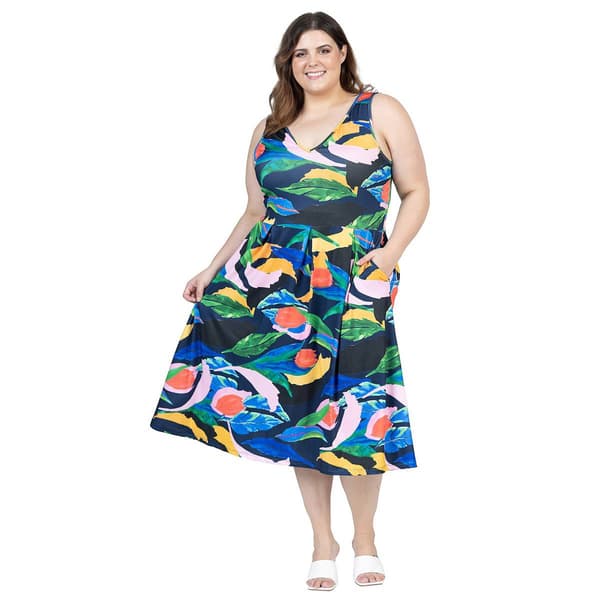 Plus Size 24/7 Comfort Apparel Tropical Fit & Flare Midi Dress