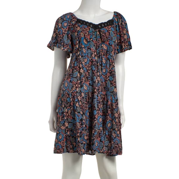 Juniors Angie Short Sleeve Lace Trim Gauze Tier Dress