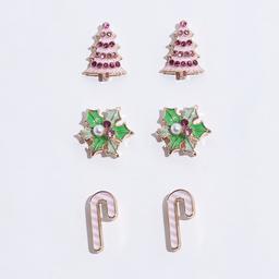 3pr. Pink Tree/Candy Cane/Holly Stud Earring Set