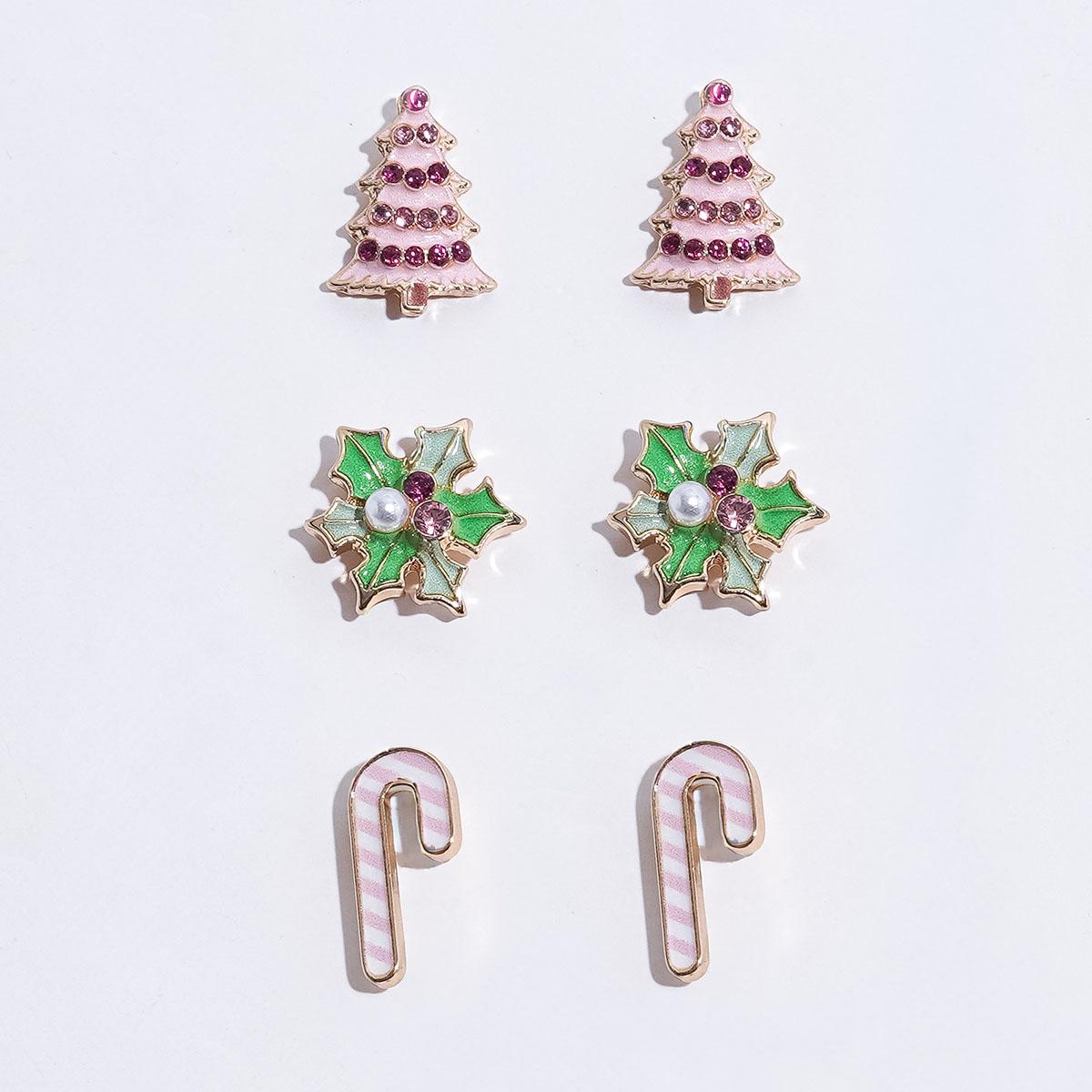 3pr. Pink Tree/Candy Cane/Holly Stud Earring Set