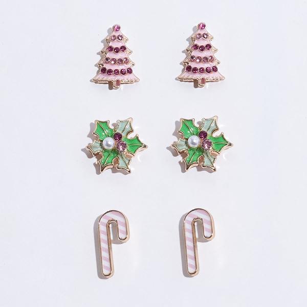 3pr. Pink Tree/Candy Cane/Holly Stud Earring Set - image 