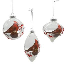 Kurt Adler Glass Transparent Cardinal Ball 3pc Ornaments Set